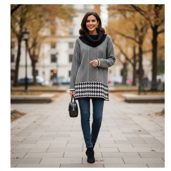 Carmen Marc Valvo Black White Houndstooth Print Sweater Size Small Cowl Neck - Picture 1 of 6